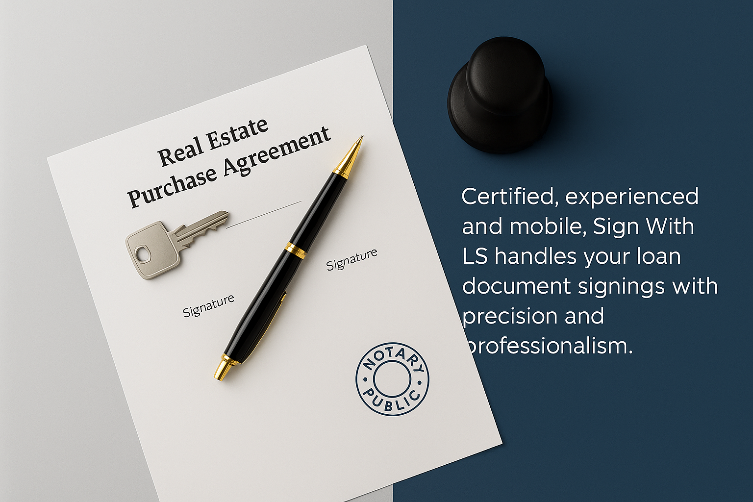 Real estate notary closing setup with documents and keys